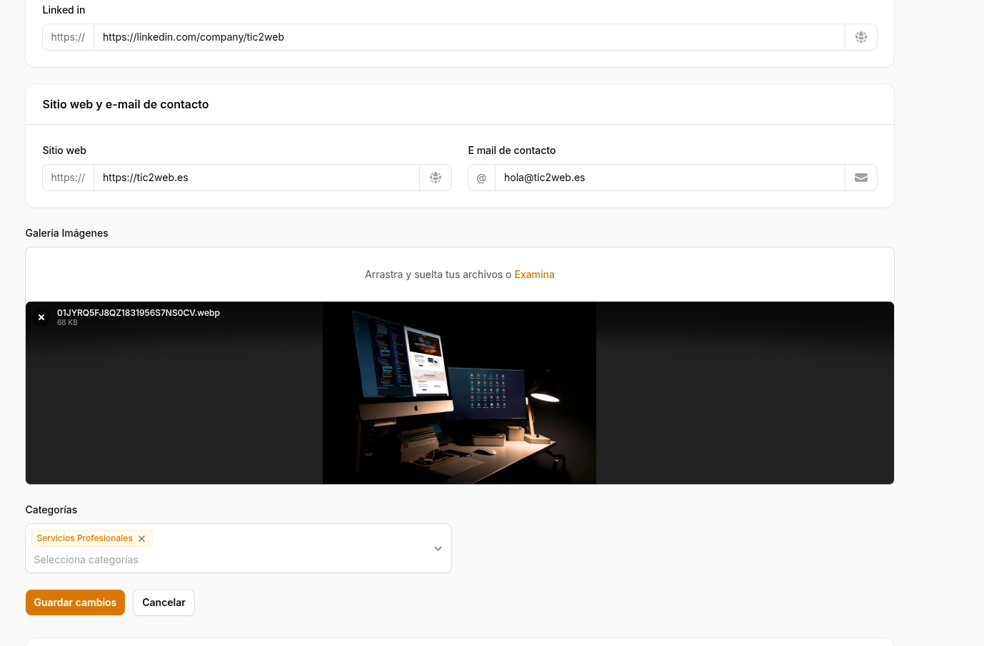 Web, e‑mail, Galería y Categorías